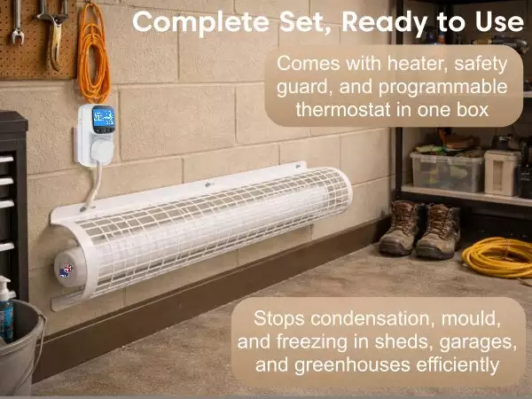 Morris 3ft tube heater with thermostat and guard set ready to use mobile